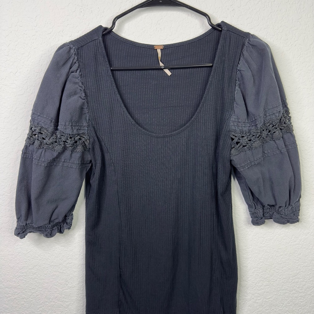 Free People Shirt S Black Ribbed Puff Sleeve Crochet Lace Romantic Goth Boho - Picture 3 of 8
